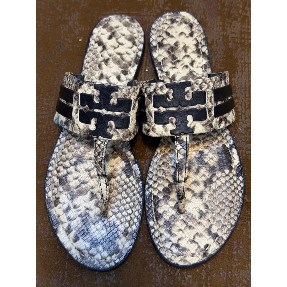 Tory Burch Ines Thong Sandals Snakeskin Embossed Leather Grey Black Logo 10M